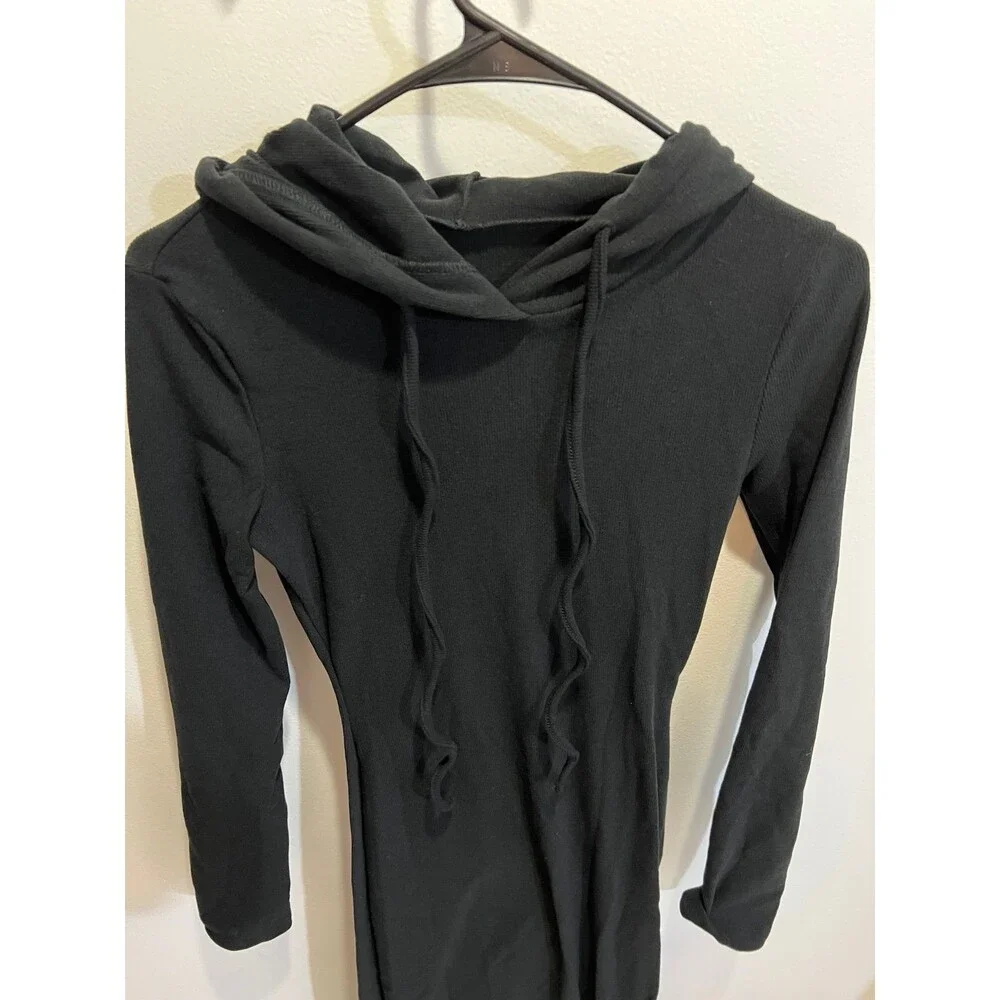 Commense NWT Women Black Drop Shoulder Drawstring Hooded Dress Loungewear Chic - Picture 7 of 12